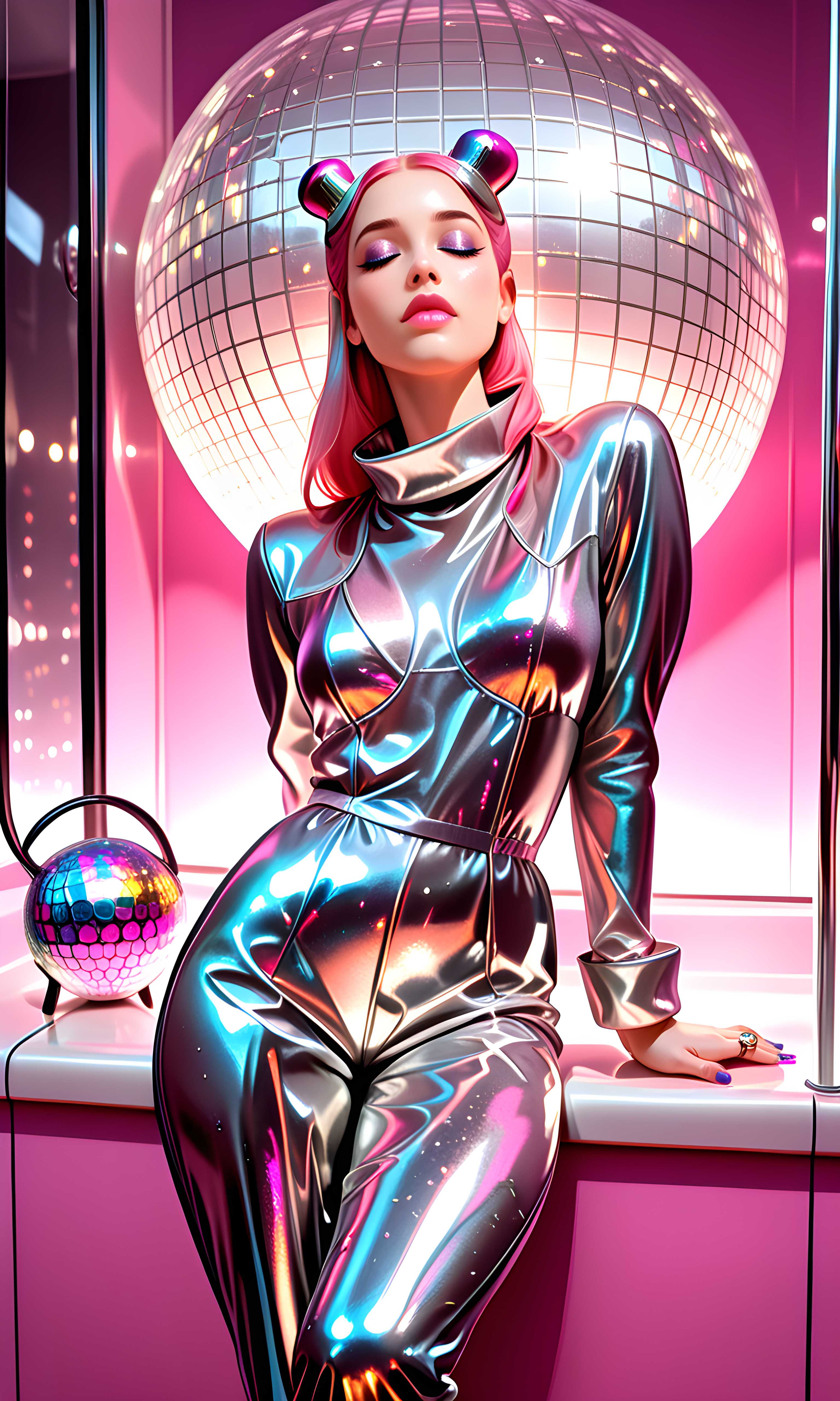 1girl, solo, metallic lamé jumpsuit with wide collar, blissed-out eyes closed mid-spin, disco ball purse and vinyl gloves, grungy nightclub bathroom with smeared mirrors, peeling nail polish and busted rings, glitter-slick lids and glossy pink lips with teased blowout, leaning back on one hand, leg crossed, relaxed stance, 8K, ultra-detailed, cinematic lighting, best, quality, masterpiece