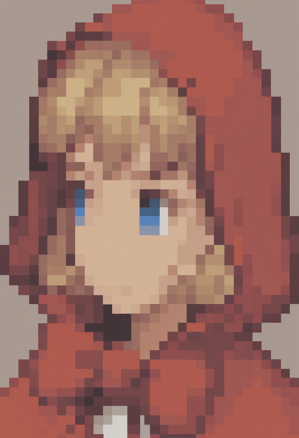 masterpiece, best quality, solo, 1girl, looking at viewer,  <lora:FFT-Portraits-illus_Fp:1>, pixel art, portrait, simple background, <lora:Bbhood-illus_Fp:1>, bbhood, short hair, blonde hair, blue eyes, hood, capelet, red dress, bow, white apron, pom pom \(clothes\), hood up,