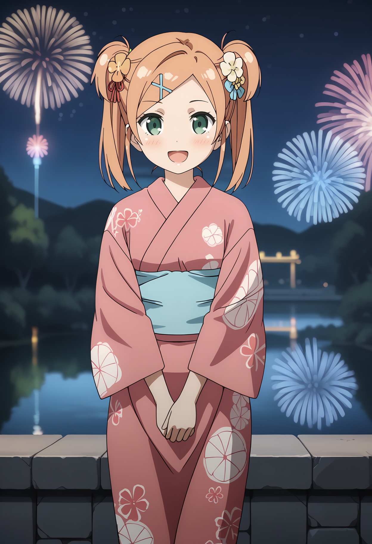 anime screencap,
<lora:OneRoom_NanahashiMinoriXL:0.9>,
1girl, solo, open mouth, light smile, blush,
short twintails, orange hair, green eyes, x hair ornament, hair flower,
MinoriKimono, print kimono, pink kimono, blue sash, long sleeves,
v arms, cowboy shot, standing, looking at viewer,
dark, night, river, cityscape, fireworks, outdoors, blurry background