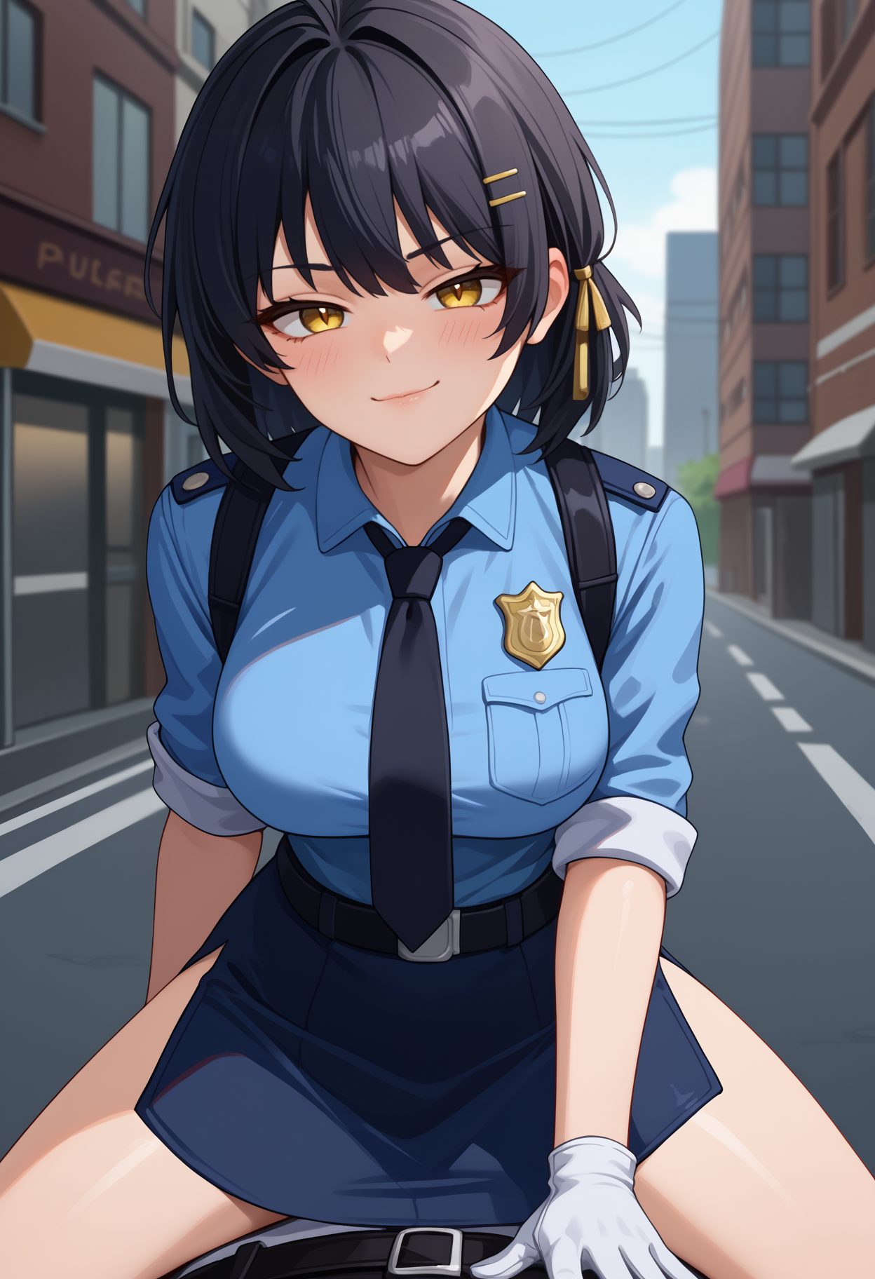 score_9, score_8_up, score_7_up, source_anime, <break> 1boy, 1girl, femr0ver, blush, smug, looking at you, girl on top, straddling, long hair, black hair, hair ornament, hairclip, yellow eyes, police uniform, blue shirt, collared shirt, black necktie, badge, sleeves rolled up, white gloves, blue skirt, pencil skirt, side slit, large breasts, outdoors, city street
<segment:yolo-face_yolov8m.pt,0.4,0.5//cid=1>