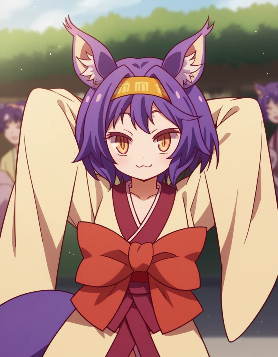 score_9, score_8_up, score_7_up, source_anime, <lora:izuna-hatsuse-s1-ponyxl-lora-nochekaiser:1>, izuna hatsuse, short hair, animal ears, purple hair, hairband, animal ear fluff, fox ears, slit pupils, yellow eyes,, bow, tail, japanese clothes, wide sleeves, kimono, fox tail, short kimono,, farmers market, fresh produce, local vendors, baskets, sunny day, community, smile, , hands behind head, smile,, solo,, cowboy shot, dutch angle