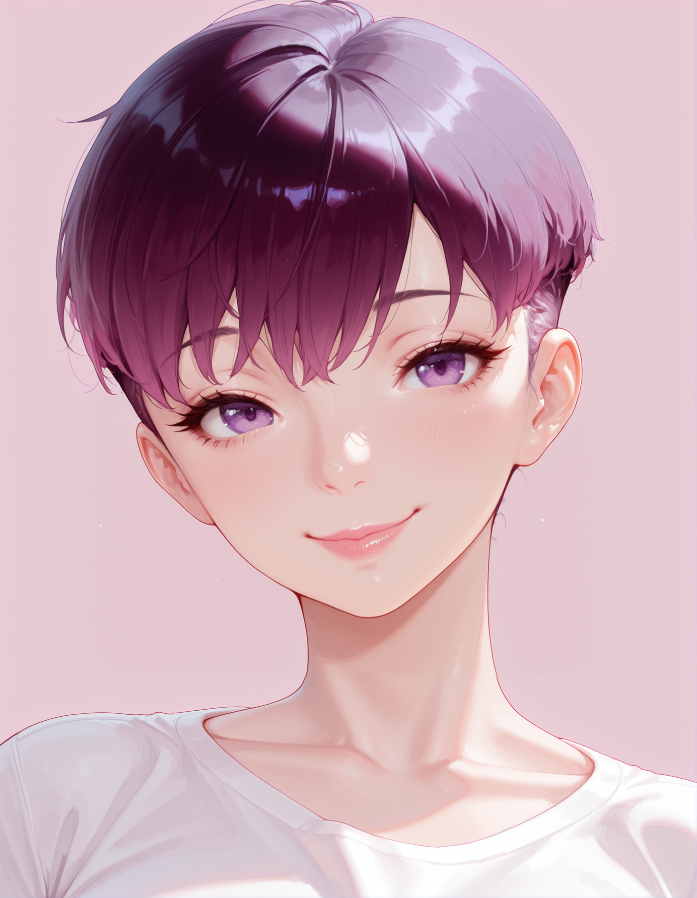 perfect quality, best quality, masterpiece, 1girl, solo, mature female, portrait, simple background, pink background,
smile, t-shirt,  eyelashes, lips,
hesediel, short hair, undercut, bangs,  hesedielpurple hair,
purple eyes, muscular female,
<lora:hesedielhair-000007 new:1>