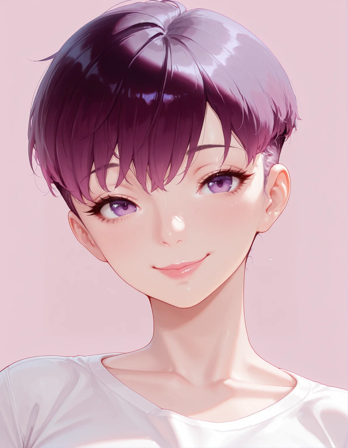 perfect quality, best quality, masterpiece, 1girl, solo, mature female, portrait, simple background, pink background,
smile, t-shirt, eyelashes, lips,
hesediel, short hair, undercut, bangs, hesedielpurple hair,
purple eyes, muscular female,
<lora:hesedielhair-000007 new:1>