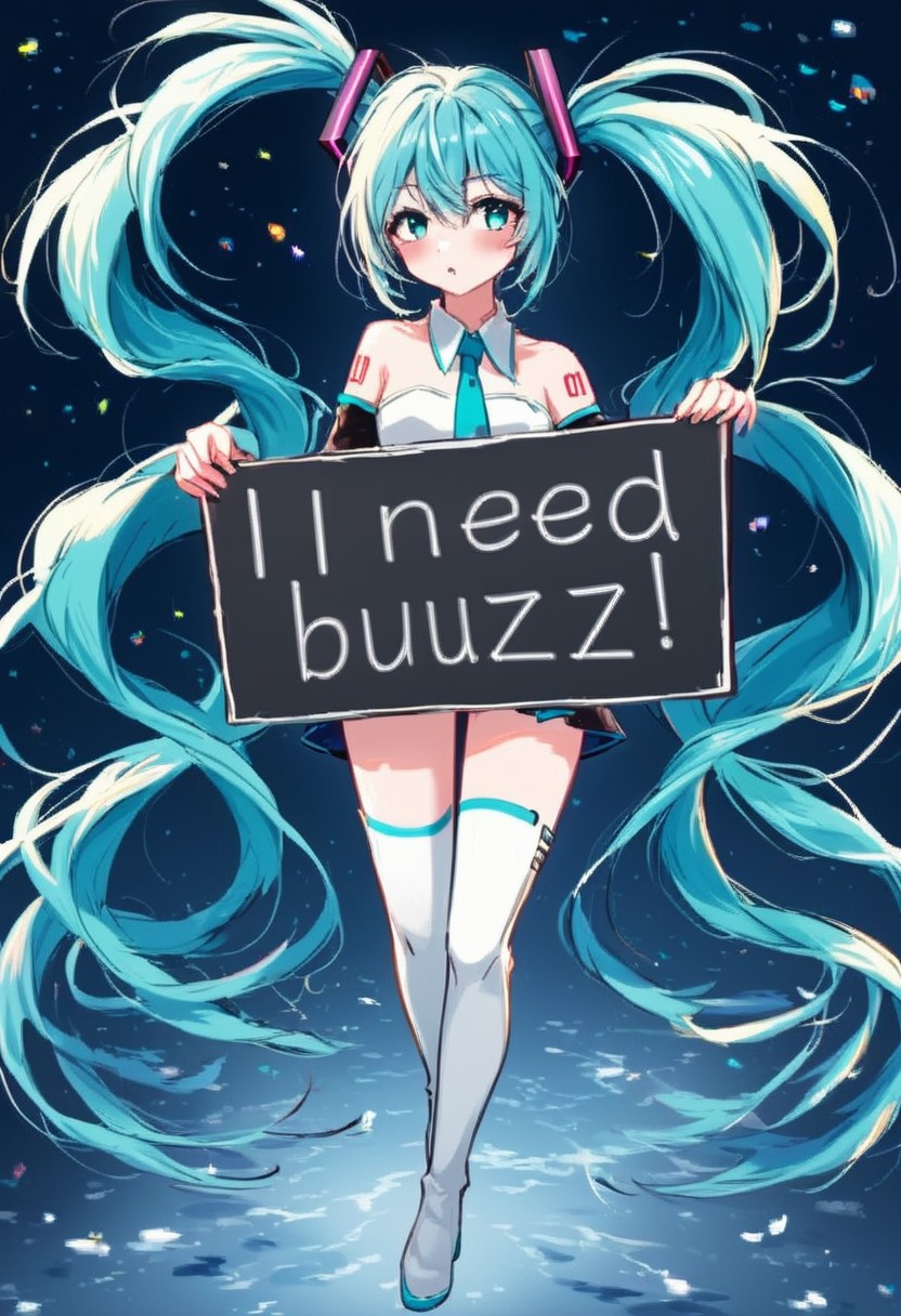 need_buzz, holding sign, hatsune miku, absurdly long hair,aqua hair,twintails,hair ornament,sidelocks,, dancing breakdance, bangs, aqua eyes, white shirt,collared shirt,bare shoulders,sleeveless shirt, strapless shirt, aqua necktie,detached sleeves,black sleeves,shoulder tattoo,fringe,white thighhighs,miniskirt,pleated skirt,zettai ryouiki,thigh boots