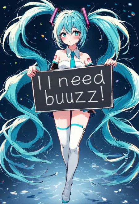 need_buzz, holding sign, hatsune miku, absurdly long hair,aqua hair,twintails,hair ornament,sidelocks,, dancing breakdance, bangs, aqua eyes, white shirt,collared shirt,bare shoulders,sleeveless shirt, strapless shirt, aqua necktie,detached sleeves,black sleeves,shoulder tattoo,fringe,white thighhighs,miniskirt,pleated skirt,zettai ryouiki,thigh boots