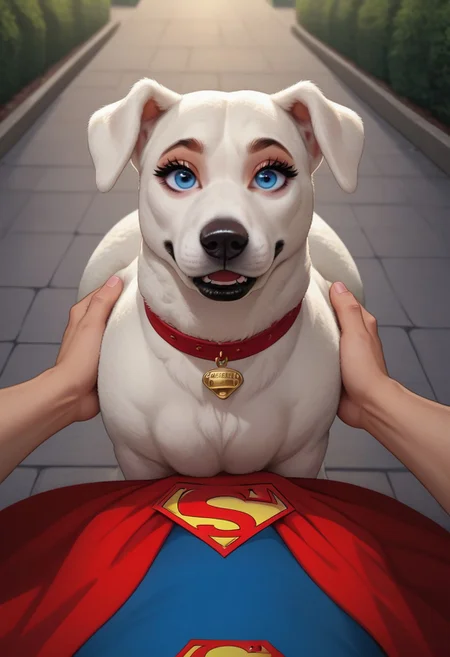 score_9, score_8_up, score_7_up, 2d, five fingers on the hand, score_explicit, source_furry, masterpiece, extremely detailed, outdoor, pavement, ((night)), looking at viewer, ((hand on butt)),  ((POV)), ((above view)), 
Superboy(/POV, 1boy, human, ((male)), faceless_male, standing, back dog,/),
Krypto(/1girl, superdog, krypto, superman symbol, dog, retriever, white retriever, ((white wool, white fur)), red cloak, ((animal, feral, dog, canine)), Detailed eyes, perfect face, perfect eyes, open eyes, huge hips, voluptuous, dump-truck ass, butt heavy,  huge butt, big eyes, makeup, eyeshadow, big eyelashes, black lipstick, red choker, mascara, blue eyes, canine face, , fangs, , dog muzzle, large dog, /),