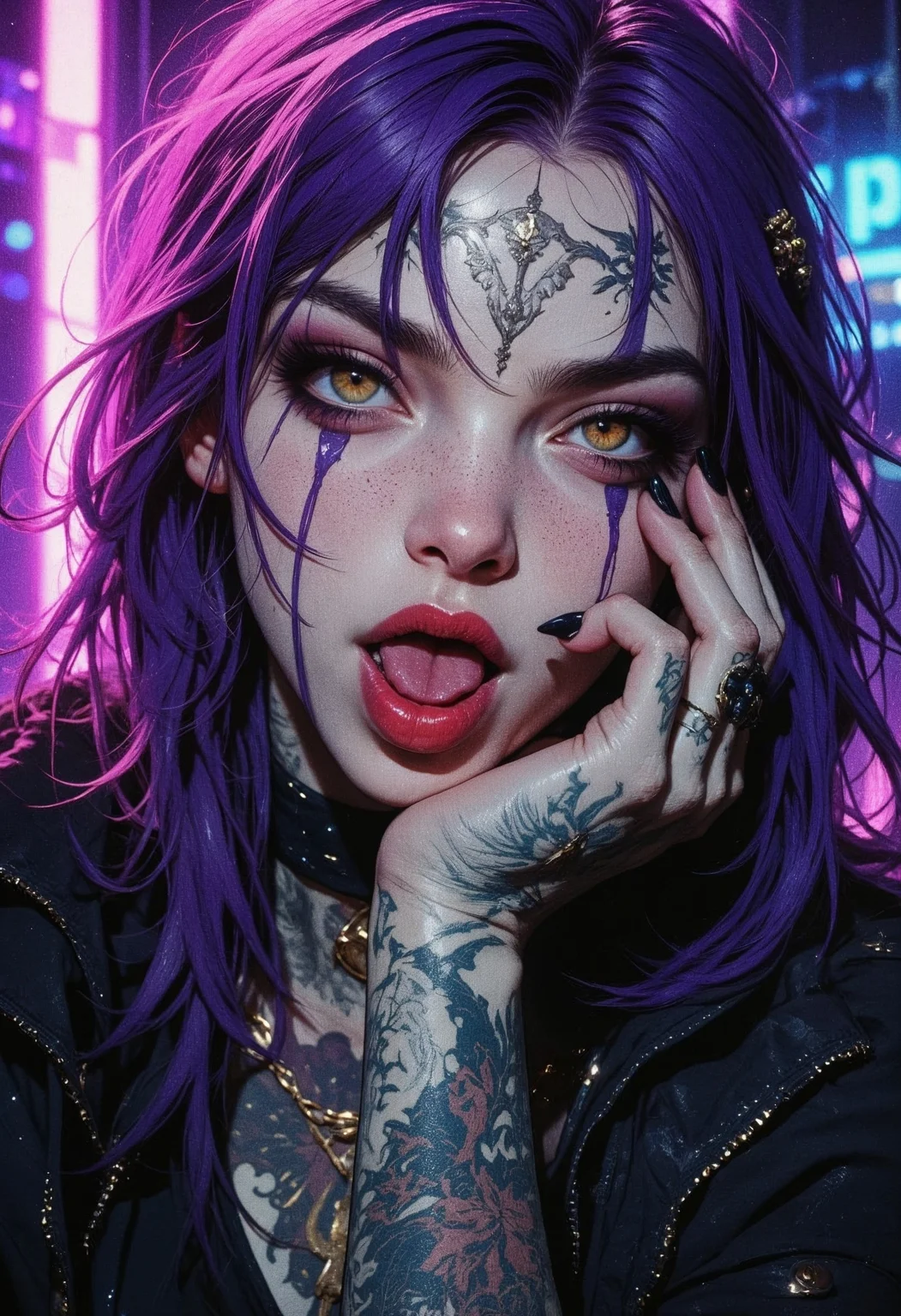 a highly detailed, digitally created artwork featuring a young woman with a striking appearance. She has long, vibrant purple hair that cascades around her face, contrasting with her fair skin. Her eyes are a striking golden-yellow, wide open, and filled with an intense, almost mischievous expression. She is winking, and her tongue playfully sticks out from the side of her mouth. 
Her face is adorned with intricate makeup, including dark eyeliner that accentuates her eyes and a bold, red lipstick. Her skin is adorned with various tattoos, including a prominent one on her right hand, which she holds up in a playful manner. The tattoos feature a mix of intricate designs and symbols, adding to her edgy, rebellious look. 
She is dressed in a black outfit, possibly a jacket, which complements her dark, edgy style. The background is a blur of neon colors, primarily purples and blues, which gives the image a futuristic, cyberpunk vibe. The lighting is dramatic, with shadows and highlights creating a sense of depth and dimension. 
The overall style of the artwork is hyper-realistic with a strong focus on detail, particularly in the textures of her hair, skin, and tattoos. The use of vibrant colors and the intricate details make the image visually captivating and dynamic. <lora:FluxMythG0thicL1nes:0.6> <lora:FluxMythR3alisticF:0.5> <lora:RetroAnimeFluxV1:0.6> <lora:OB半写实肖像画V2.0:0.6>