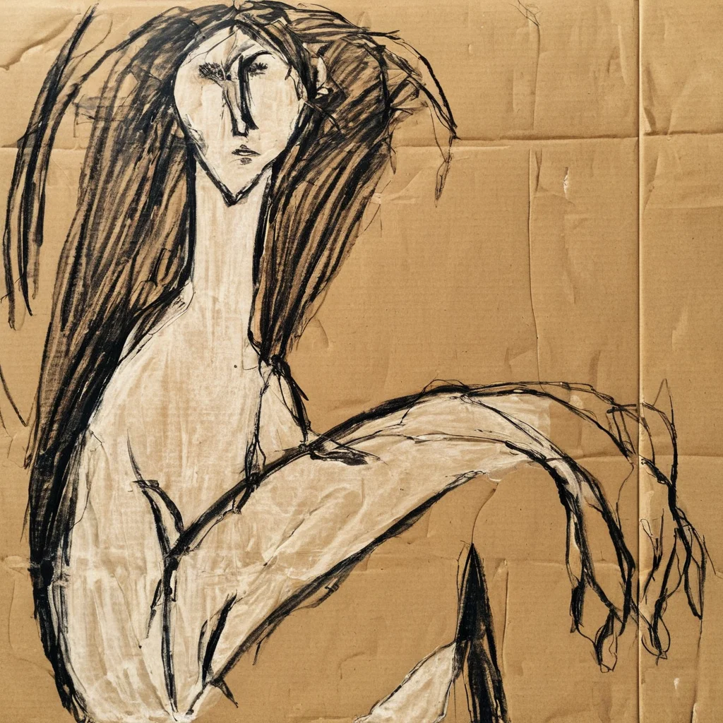 <lora:SDXL_Cardboard_drawings_Sa_May_V4:1> Cardboard drawings a woman sitting with long hair.