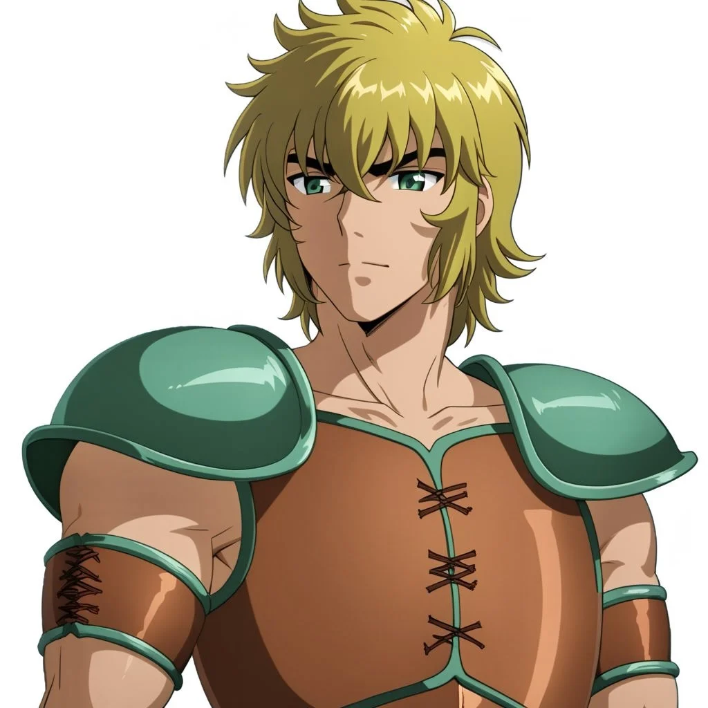 ASCIImedium shot, leo_aiolia, 1man, lalightarmor, detailed glossy green eyes, brown breastplate, in front of a (plain white background: 1.2), masterpiece, best quality, ultra high res, intricate detail, soft warm lighting,
