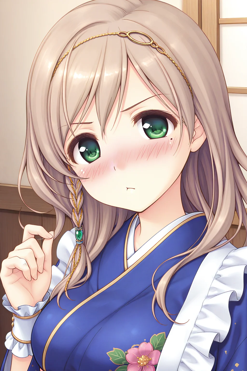 masterpiece, best quality, absurdres, official art, official style, rating general BREAK <lora:sarashinamutsumi_IL_v1-1:0.7>, sarashina mutsumi, 1girl, solo, green eyes, mole under eye, light brown hair, long hair, single braid, side braid, hair between eyes, swept bangs, head chain, gold trim, hair tubes, green gem, hair over shoulder, large breasts, medium breasts, japanese clothes, blue kimono, short kimono, print kimono, floral print, long sleeves, wide sleeves, wrist cuffs, close-up, portrait, upper body, indoors,
blush, :<, closed mouth, looking at viewer, nose blush, pout