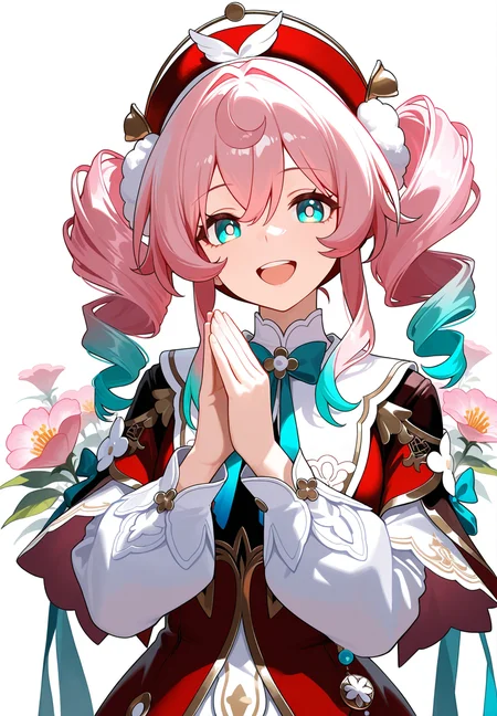 1girl, hyacine \(honkai: star rail\), aqua eyes, aqua hair, beret, dress, drill hair, flower, gradient hair, hat, long hair, long sleeves, looking at viewer, multicolored hair, open mouth, pink flower, pink hair, red dress, red hat, simple background, smile, solo, teeth, twin drills, twintails, upper body, upper teeth only, white background, masterpiece, own hands together,