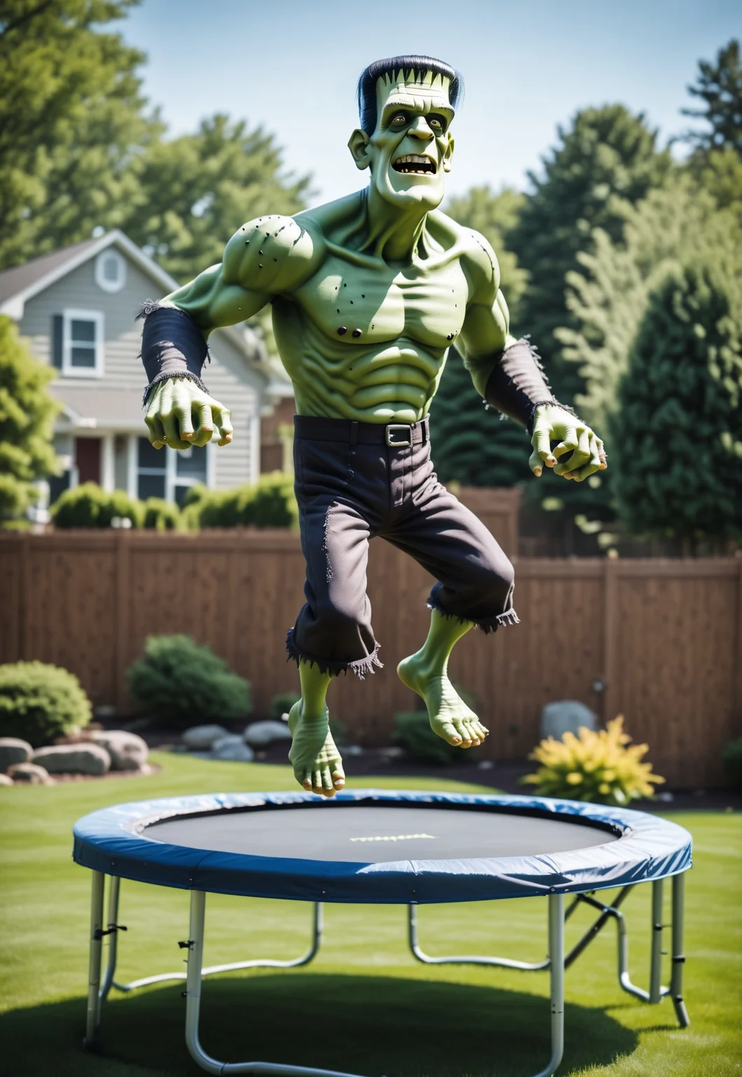 frankenstein, jumping on a trampoline, very excited with big smile, suburban backyard setting, sunny, summertime, 