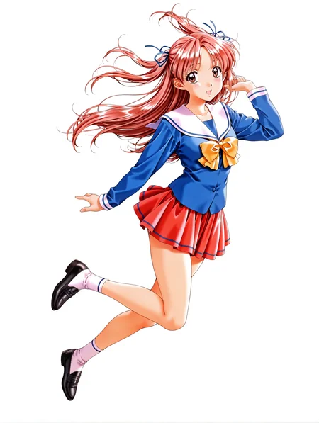 masterpiece,best quality,newest,
1girl,solo,
retro artstyle,<lora:sawatari_honoka_ilxlv1.5:1>,s_honoka,pink hair,hair ribbon,two side up,long hair,brown eyes,
h_clothes,long sleeves,white sailor,blue clothes,yellow bowtie,red pleated skirt,white socks,black footwear,
<lora:Fixhands_anime_bdsqlsz_V1:1>,light_blush,cinematic_angle,looking_at_viewer,jumping,full body,parted lips,white_background,simple_background,:d,dynamic_angle,