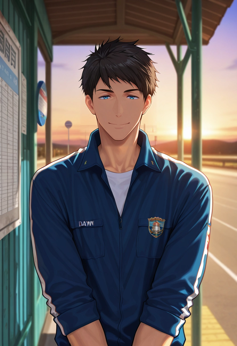 masterpiece, best quality, , semi-realistic, , 1boy, solo, male focus, <lora:sousuke_yamazaki_ilxl:0.9>, sousuke_yamazaki, black hair, blue eyes, short hair, straight-on, bus stop, dawn, v arms, smile,