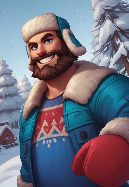 score_9, score_8_up, SnowDayGraves, blue eyes, brown hair, facial hair, beard, fur-trimmed jacket, trapper hat, sweater, detailed background, dynamic pose, looking at viewer, smile, cabin, snow, trees, blue sky, dutch angle, upper body, throwing a snowball, pants, cowboy shot, red mittens, muscular,