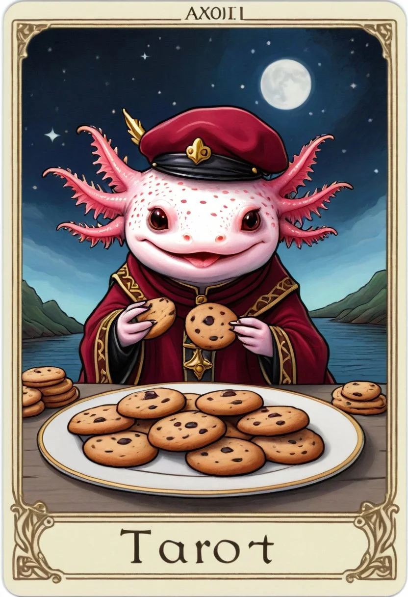 Tarot Card Style, axolotl eating a large amount of cookies, axomodel2, tarot card border, <lora:Axomodelv2.1:0.8> <lora:DUSK_XL_TAROTCARD_dadapt_cos_5e4:1> EyeDetail-SDXL