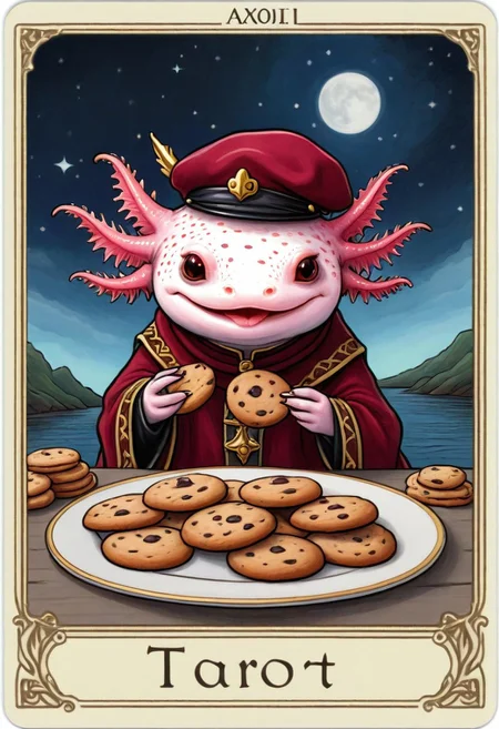 Tarot Card Style, axolotl eating a large amount of cookies, axomodel2, tarot card border, <lora:Axomodelv2.1:0.8> <lora:DUSK_XL_TAROTCARD_dadapt_cos_5e4:1> EyeDetail-SDXL