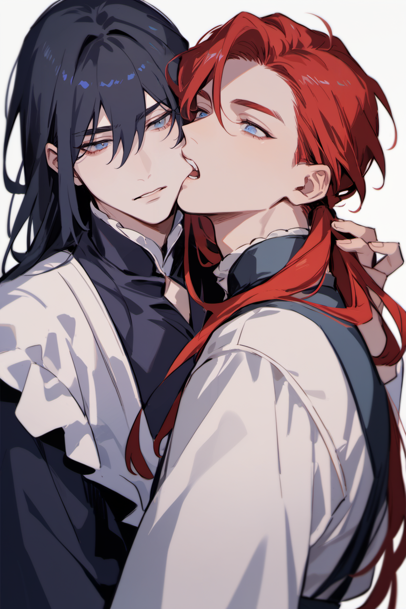 score_9, score_8_up, score_7_up,  upper body, cheek_bite,  2boys,
long hair, red hair, black hair, blue eyes, maid dress
 <lora:CheekBite_Pony2:1>