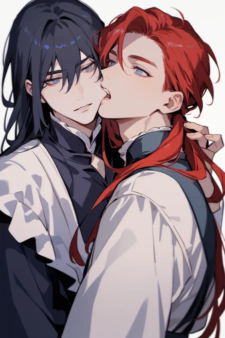 score_9, score_8_up, score_7_up,  upper body, cheek_bite,  2boys,
long hair, red hair, black hair, blue eyes, maid dress
 <lora:CheekBite_Pony2:1>
