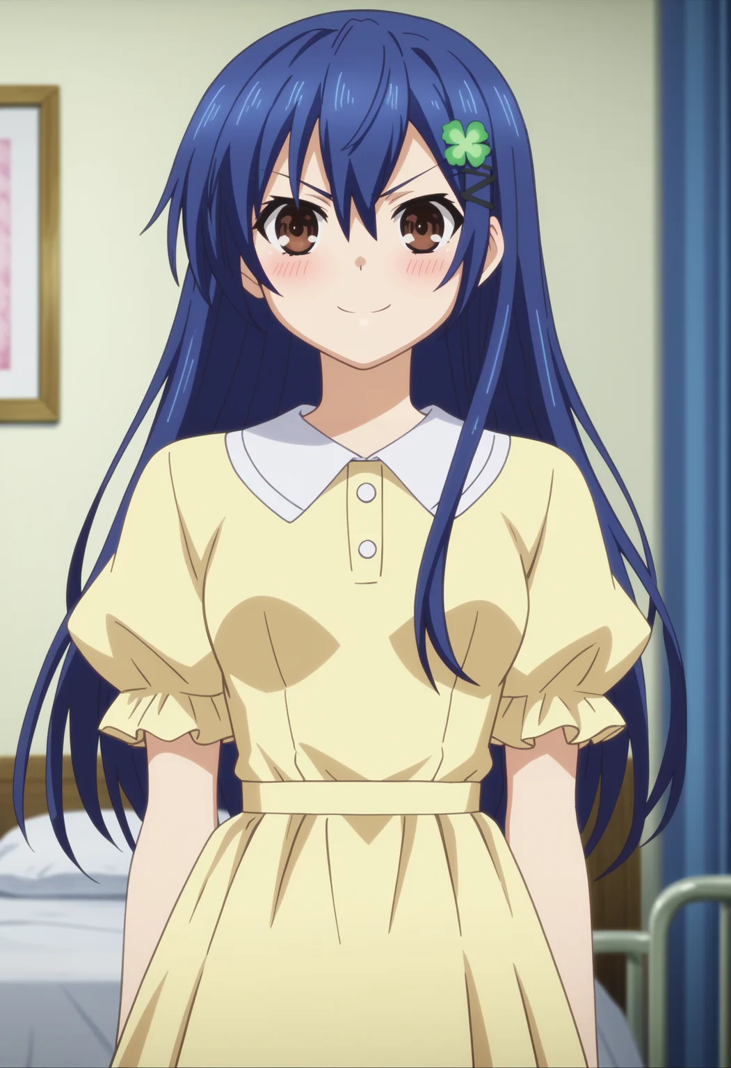 score_9, score_8_up, score_7_up, anime screencap, BREAK,
1girl, itsukashiori, blue hair, long hair, brown eyes, clover hair ornament, hairclip,
v-shaped eyebrows,
yellow dress,
smile, blush, solo, looking at viewer, indoors, bedroom background <lora:ItsukaShioriPDXL_byKonan:1>