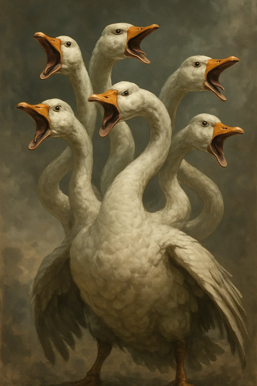 a giant goose with many necks and heads like a hydra, aggressively honking with all