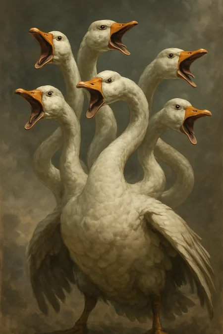 a giant goose with many necks and heads like a hydra, aggressively honking with all