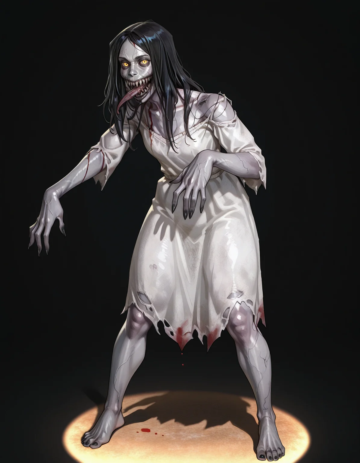 white dress, torn clothes,
black background,
1girl, solo, standing, zombie pose, looking at viewer, black nails,
<lora:7d2d-screamer:1> xscreamerx, long hair, black hair, big mouth, sharp teeth, yellow eyes, grey skin, horror (theme), blood, long fingernails, (long toenails:0.9), long tongue, black veins,