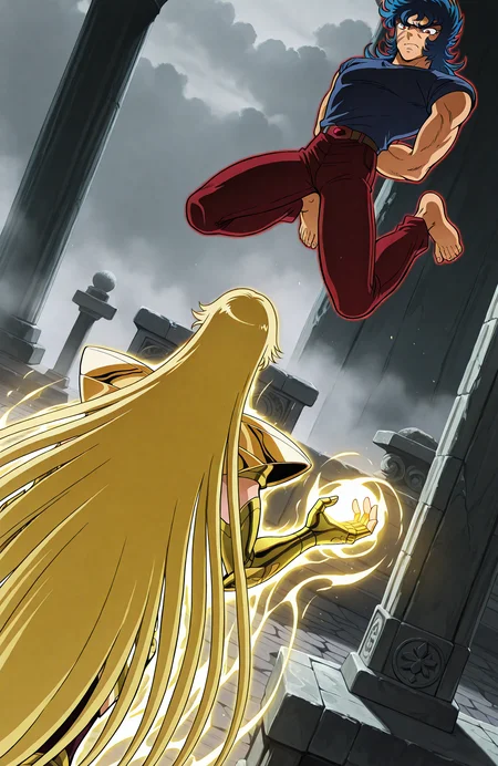 very awa, best quality, masterpiece, highres, outdoors, fog, volumetric lighting, stone altar, overcast, morning, dim lighting,
BREAK
<lora:[Char - IL] Saint Seiya - Shaka (R1E11):1> ss_shaka, virgo armor, 
from behind, dutch angle,
hand up, 
floating hair, very long hair, blonde hair,
aura, glowing outline,
BREAK 
<lora:[Char - IL] Saint Seiya - Phoenix Ikki [Plain Clothes]:0.9> IKKIPLA, male focus, long sideburns, scar on face, toned male, blue hair, [sleeveless blue shirt, red pants::0.5] 
solo,
glowing red outline,
floating, midair, jumping, legs up, barefoot,
angry, closed mouth, arms behind back, arched back, struggling,