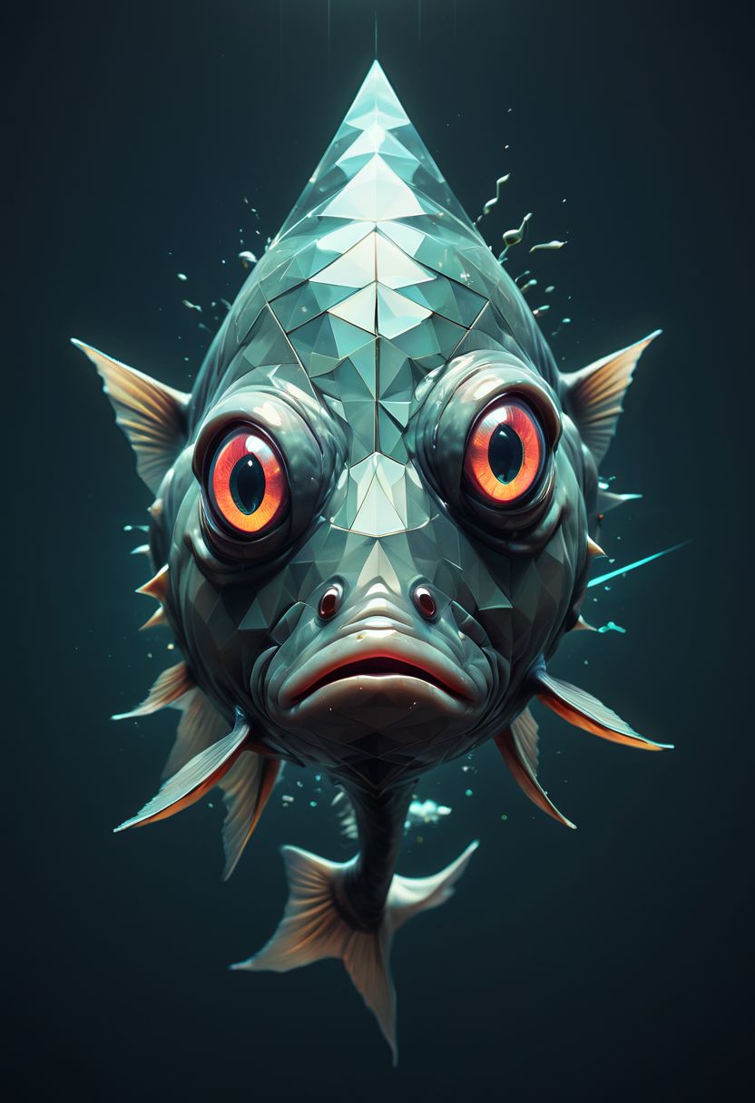 Surreal fish, glowing eyes, glitchcore, double exposure, poster style, geometric, triangles, glitchy, eerie, lights, occult, dark, fish fish fish