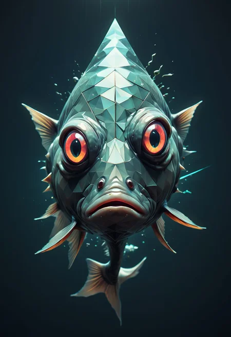 Surreal fish, glowing eyes, glitchcore, double exposure, poster style, geometric, triangles, glitchy, eerie, lights, occult, dark, fish fish fish