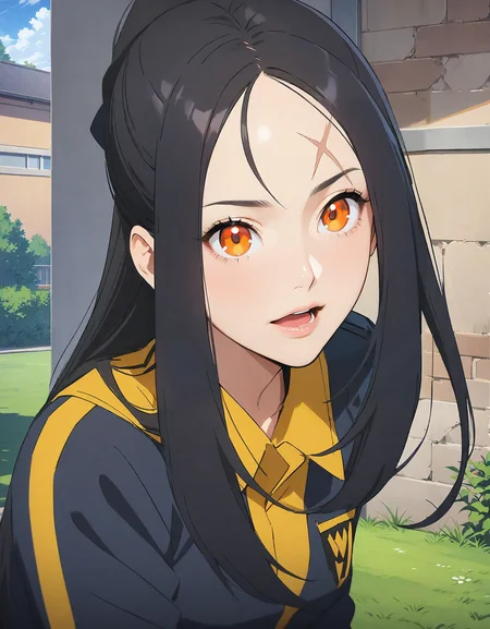 (masterpiece, best quality, high quality:1.3), (anime, realistic:1.2), (:anime: realistic:0.8), facing sideways, (contrasting colors, bright colors:1.1), 1girl, (Dendra_PKMN_SDXL, pony, adult, mature:1.2) , (long hair, black hair, orange eyes, scar on forehead, black jacket:1.2), pensive look, open mouth, (outside school, detailed background:1.2), , <lora:Dendra_PKMN_AnimagineXL_v10-000010:0.8>, <lora:aesthetic_anime_v1s:0.85>, <lora:add-detail-xl:1.3>