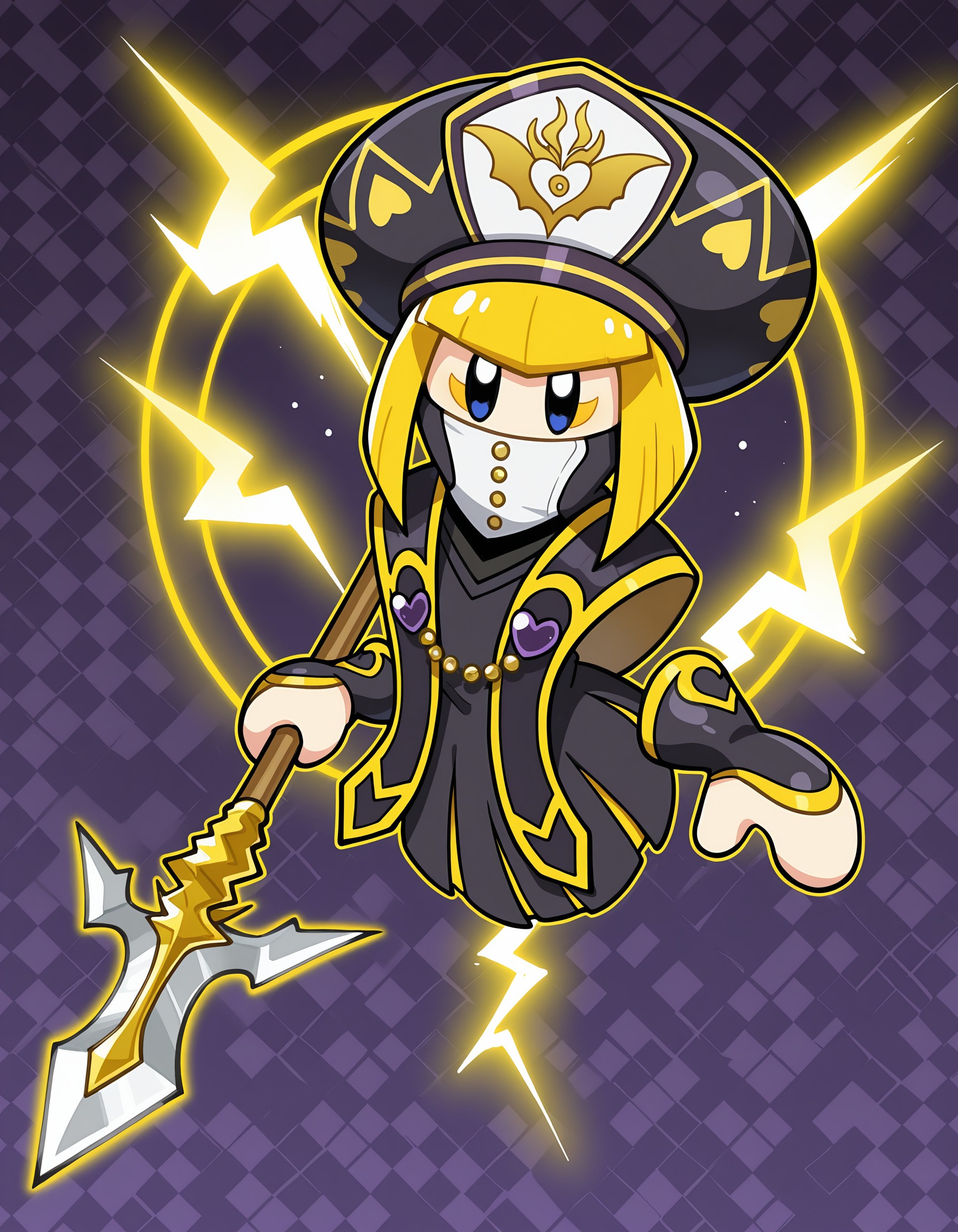 masterpiece, best quality, amazing quality, very detailed, newest, no humans, solo, WnKrbZnPrtznn, blonde hair, short hair, floating hands, black robe,  ribbon, black hat, weapon, polearm, floating, looking at viewer, full body, abstract background, (lightning motif, elegant), yellow motif, dynamic pose, shiny, frame, sparkles, covered mouth, crest, coat of arms, <lora:6181c8c8-c962-4334-b2cb-3dfb77597397:0.9>