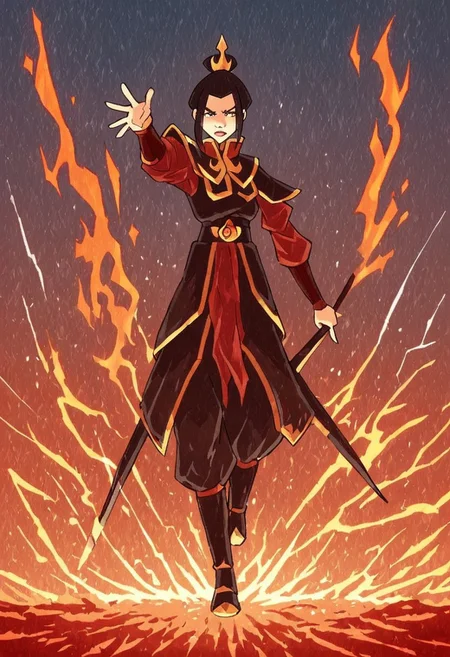 Azula, the fierce and cunning firebender, stands confidently at the center of the scene, wielding a bolt of lightning in her hand. Her eyes are sharp and intense, reflecting her unwavering determination and strategic mind. She is dressed in her traditional Fire Nation armor, which glows with shades of deep red and black, accented by golden details. Her long, dark hair flows behind her like a trail of smoke, subtly moving as if stirred by an unseen breeze. The background is a dramatic, volcanic landscape under a blood-red sky, with molten lava flowing across jagged rocks and plumes of dark smoke rising into the air. Blue flames dance around her, highlighting her unique firebending abilities and adding a contrasting, electric blue hue to the predominantly warm color palette. The atmosphere is charged with tension and raw power, as Azula embodies the dangerous and unpredictable force of fire and lightning. Her stance is both regal and intimidating, conveying a sense of control and command over the elements she wields. The image should be rendered in maximum ultra-high-definition quality, with detailed textures and ultra-realistic lighting to capture the glow of the flames, the sharpness of the lightning, and the intensity of the scene. The special effects should emphasize the crackling energy of the lightning and the heat of the flames, creating a dynamic 8K high-definition image with realistic lighting to enhance the dramatic and powerful atmosphere.