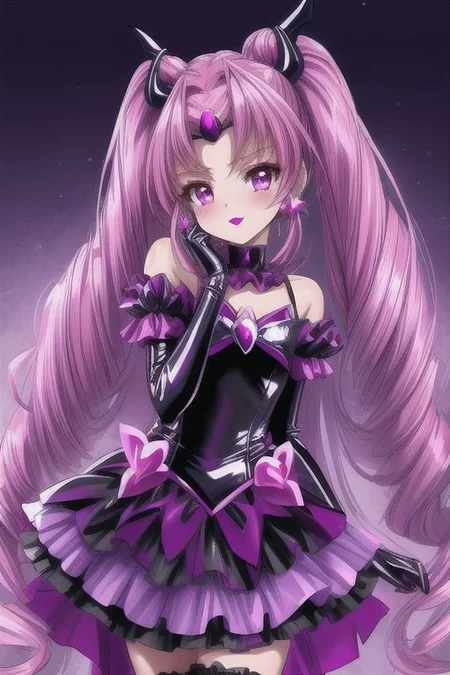 evil corrupted young princess wearing dark pastel (ruffled:1) (gleaming latex:1) EvlSM DarkPrecure Bad_End_Precure gown with (long latex cape:1) and latex elbow bridal gauntlets, (Perfect Face:1), soft lighting, glossy red lips, ruffles,
<lora:more_details:1>