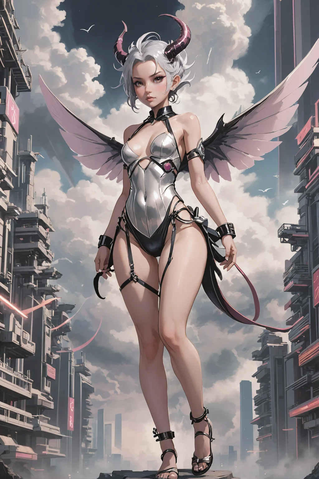digital painting, 1girl, woman, (disciplined Mosscore:1.3) succubus, wings, full body, [:seductive, sexy costume design,:0.2], bombshell hair, silver hair, Twisted Mohawk, (small breasts:1.5), narrow waist, tall, athletic thicc toned hourglass figure,(muscular legs:0.25), skindentation, japanese, gargantuan scifi cloud city at the end of time<lora:EnvyBetterHiresFixXL01:0:hr=1><lora:EnvySendNoodzXL01:-1><lora:EnvyDramaticPortraitXL01:1><lora:EnvYGo