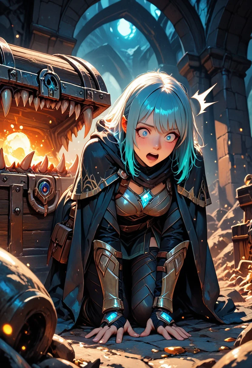 (masterpiece), (best quality), 8k, 1girl, fantasy adventurer girl, surprised, open mouth, treasure chest, Mimic, Mimic chest, Kneeling down, whimsical dungeon interior, glowing magical torches, scattered loot around, soft warm lighting, stylized fantasy armor, leather satchel, short cloak, colorful atmosphere, playful fantasy mood, cinematic lighting, semi-realistic style, detailed environment, magical sparkles in the air,
Close up,