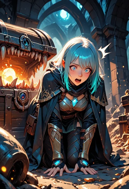 (masterpiece), (best quality), 8k, 1girl, fantasy adventurer girl, surprised, open mouth, treasure chest, Mimic, Mimic chest, Kneeling down, whimsical dungeon interior, glowing magical torches, scattered loot around, soft warm lighting, stylized fantasy armor, leather satchel, short cloak, colorful atmosphere, playful fantasy mood, cinematic lighting, semi-realistic style, detailed environment, magical sparkles in the air,
Close up,