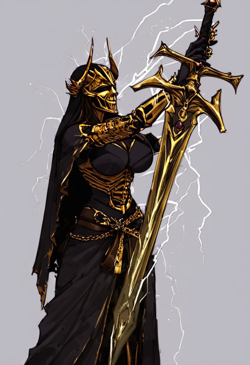 (dark Fantasy setting:1.2),Lord female black knight holding a holy light glowing GREATSWORD, piercing through a dark giant skeleton beast Paarl, with lightning flashing aura