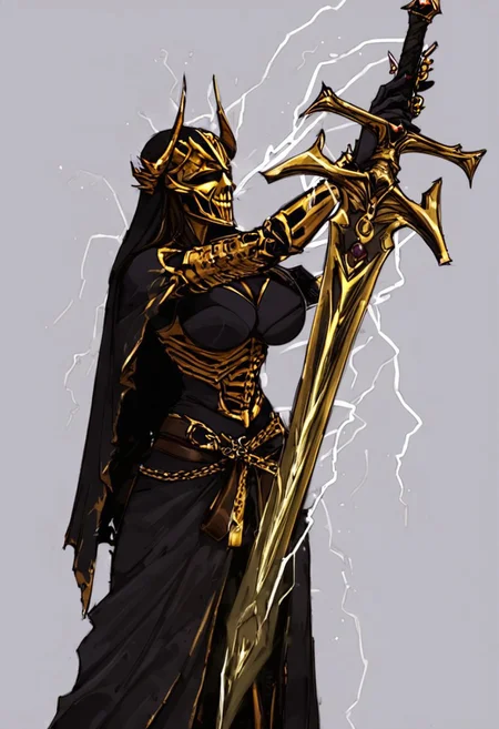 (dark Fantasy setting:1.2),Lord female black knight holding a holy light glowing GREATSWORD, piercing through a dark giant skeleton beast Paarl, with lightning flashing aura