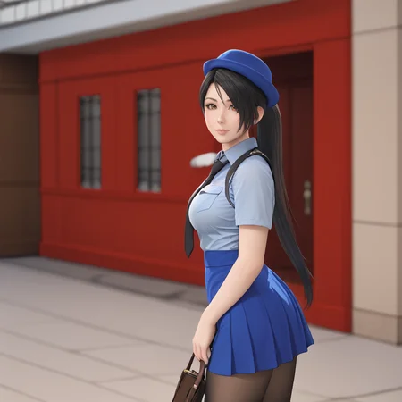 <lora:momijininjagaiden_pony_v1:.8>MomijiNinjaGaiden, 1girl,ponytail, black hair, long hair,  large breasts, lips, brown eyes, cowboy shot,  <lora:0820 tokisaki kurumi policewoman fan costume_v1_pony:1> ruanyi0820,black necktie,blue hat,blue shirt,blue skirt,black pantyhose,short sleeves,skirt