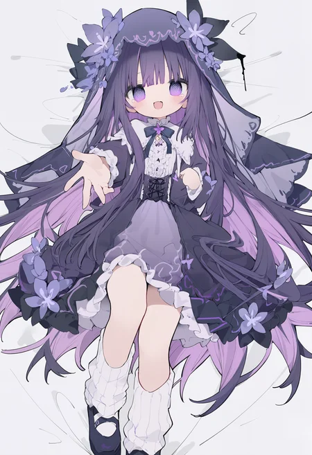 amazing quality, newest, absurdres, hires, chromatic abberation, 1girl, solo, :D, very long hair, purple hair, two-tone hair, colored inner hair, purple veil, purple dress, gothic fashion, ankle socks, white leg warmers, center frills, purple flowers, bed, reaching towards viewer, <lora:NanmoKaken>