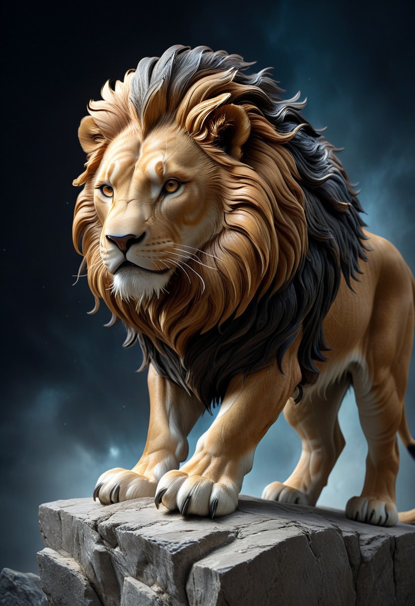 3D render of a majestic lion sculpture, hyper-realistic, intricately detailed fur, powerful stance, dramatic lighting, by Robert Kondo and Paul Komoda, high resolution, polished marble texture, museum quality display, showcasing strength and grace, with a naturalistic background. 
3d-rendering, concept-art, digital, dreaminess, futuristic, multimedia, sculpture, virtual-reality
concept-art, awesome full color, fantasy, epic, majestic, magical, dreamy, perspective, light and shadow, moody, epic, 
beautiful, painterly, aesthetic, textural, vivid, vibrant, intricate details, highly detailed, ultra-detailed, absurdres, 
aidmamj6.1, WhiteMold