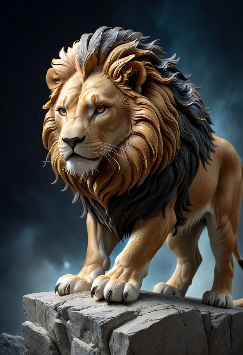 3D render of a majestic lion sculpture, hyper-realistic, intricately detailed fur, powerful stance, dramatic lighting, by Robert Kondo and Paul Komoda, high resolution, polished marble texture, museum quality display, showcasing strength and grace, with a naturalistic background.
3d-rendering, concept-art, digital, dreaminess, futuristic, multimedia, sculpture, virtual-reality
concept-art, awesome full color, fantasy, epic, majestic, magical, dreamy, perspective, light and shadow, moody, epic,
beautiful, painterly, aesthetic, textural, vivid, vibrant, intricate details, highly detailed, ultra-detailed, absurdres,
aidmamj6.1, WhiteMold