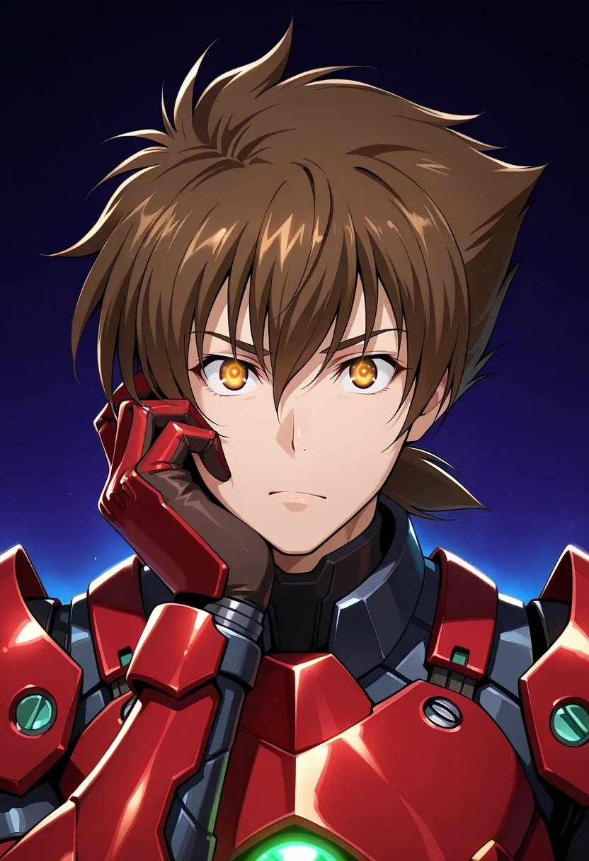 masterpiece, best quality, intricate details, (photorealistic:0.6), looking at viewer, 1boy, solo, male focus, <lora:issei_hyoudou_ilxl:0.92>, issei_hyoudou, brown hair, brown eyes, hair between eyes, short hair, armor, full armor, robot, mecha, glowing eyes, no humans, hand on cheek, tilted head, confused expression, casual pose, soft ambient light, ,