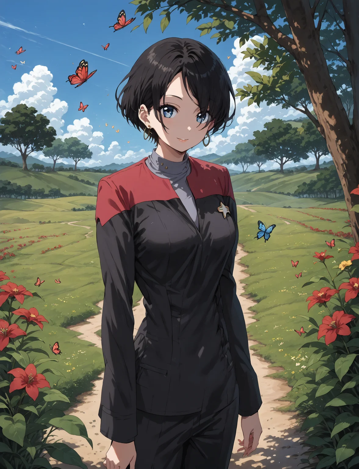 score_9, score_8_up, score_7_up, , source_anime,  okitsuyuka, solo, earrings, black hair, short hair, looking at viewer, 1girl, blue eyes, best quality, masterpiece, cowboy shot, hair over one eye,smile, medium breasts,   <lora:okitsuyuka_pony:1>
,orchard,sun,butterfly,
voyunf, red star trek uniform,red shoulders,long black sleeves,black pants,black jumpsuit,grey Vneck<lora:VoyPony>