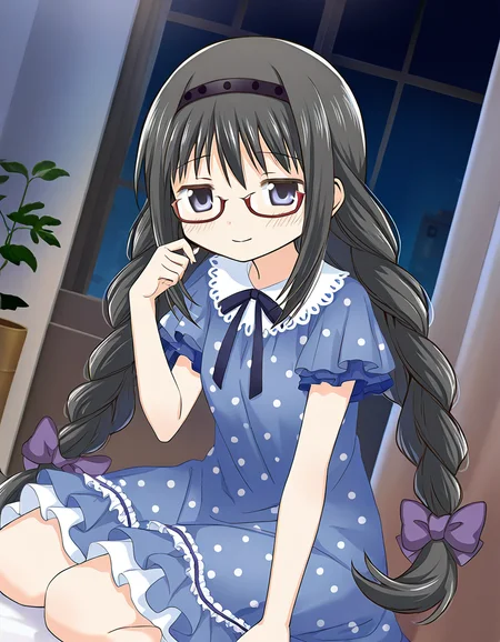 masterpiece, best quality, newest, absurdres, highres, safe, 1girl, akemi homura \(pajamas costume\), magia record: mahou shoujo madoka magica gaiden, smile, solo, night, indoors, dutch angle, <lora:20241226152250_akemi_homura_noobaiXLNAIXL_vPred10Version:0.7>