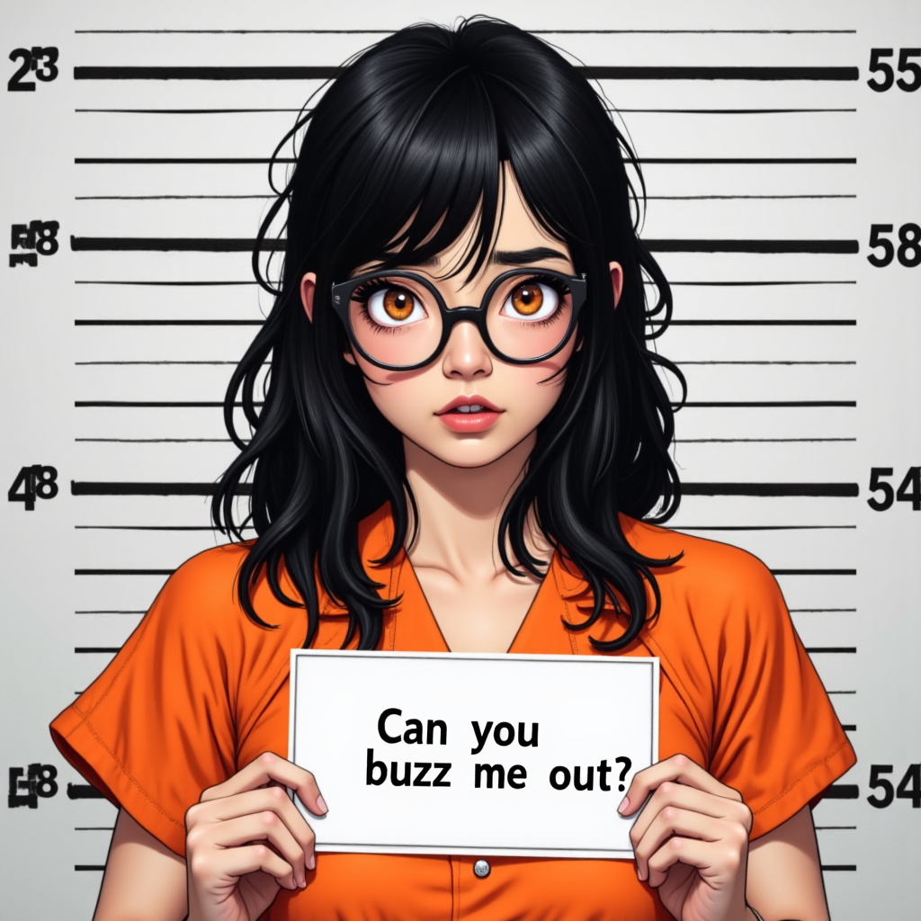 A realistic photo of an asian woman with long messy black hair with bangs, glasses, orange eyes, and a cute round face with a mischivous expression. She is wearing an ((orange jumpsuit)). In the background are equidistant horizontal lines, typical of a jail mugshot frame. The woman is holding a placard at her chest that says "Can you buzz me out?"