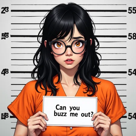 A realistic photo of an asian woman with long messy black hair with bangs, glasses, orange eyes, and a cute round face with a mischivous expression. She is wearing an ((orange jumpsuit)). In the background are equidistant horizontal lines, typical of a jail mugshot frame. The woman is holding a placard at her chest that says "Can you buzz me out?"