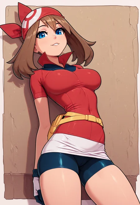 (masterpiece, best quality, good quality, very aesthetic, absurdres, newest:1.2), zzMay, solo, brown hair, blue eyes, medium hair, red shirt, bike shorts, red bandana, red shirt, gloves, white miniskirt, yellow belt, , <lora:MayPokemon_NAI:1.0>, , smile, looking at viewer, cowboy shot, ,skindentation ,<lora:ElfFio_NAI_v2:1.0>,