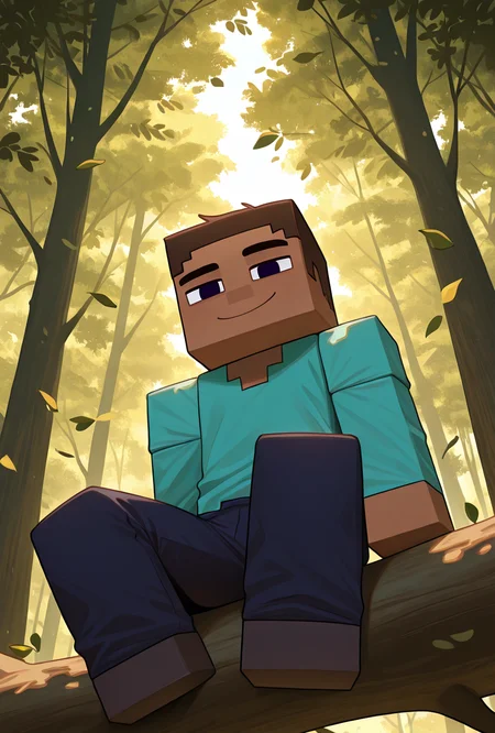 <lora:stevemc-08:1> stevemc, 1boy, male focus, cyan shirt, brown hair, dark-skinned male, dark blue pants, square, square body, pose, square arms ,in forest,, sitting on tree branch, from bottom, bottom view, smiling, falling leaves,, masterpiece, best quality, amazing quality, very aesthetic, absurdres, newest,